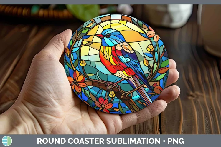Stained Glass Bird Finch Round Coaster Sublimation Coaster D