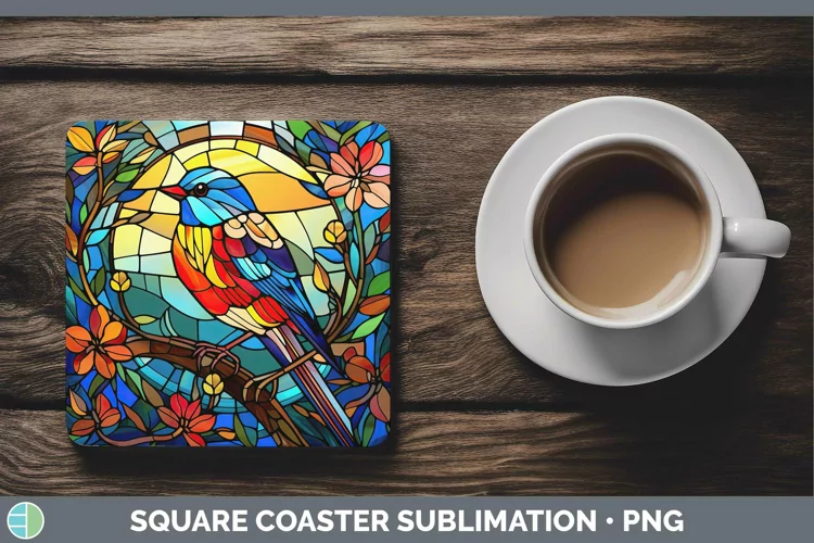 Stained Glass Bird Finch Square Coaster Sublimation Coaster
