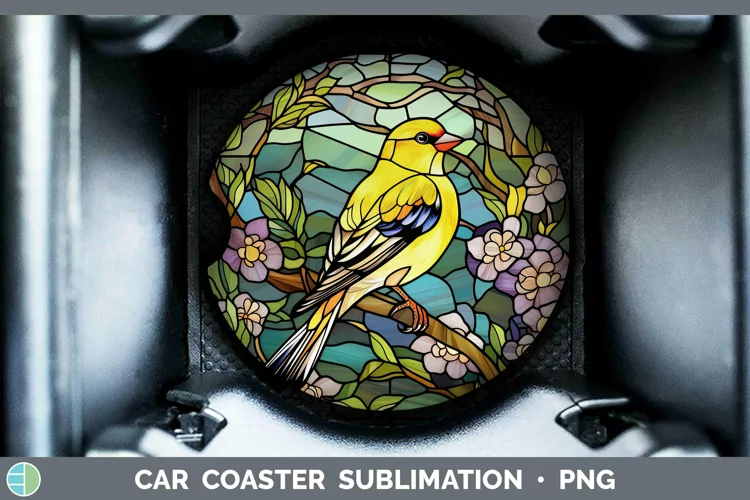 Stained Glass Bird Goldfinch Car Coaster Sublimation Coaster