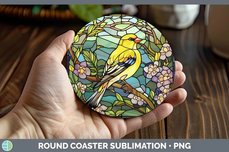 Stained Glass Bird Goldfinch Round Coaster Sublimation Coast