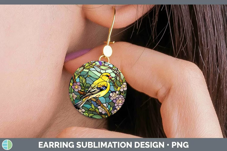 Stained Glass Bird Goldfinch Round Earrings Sublimation Earr