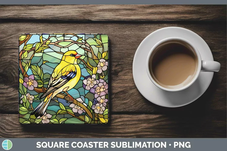 Stained Glass Bird Goldfinch Square Coaster Sublimation Coas