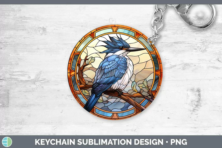 Stained Glass Bird Kingfisher Keychain Sublimation Keyring D