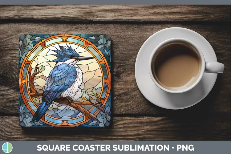 Stained Glass Bird Kingfisher Square Coaster Sublimation Coa