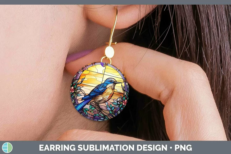 Stained Glass Bird Mockingbird Round Earrings Sublimation Ea