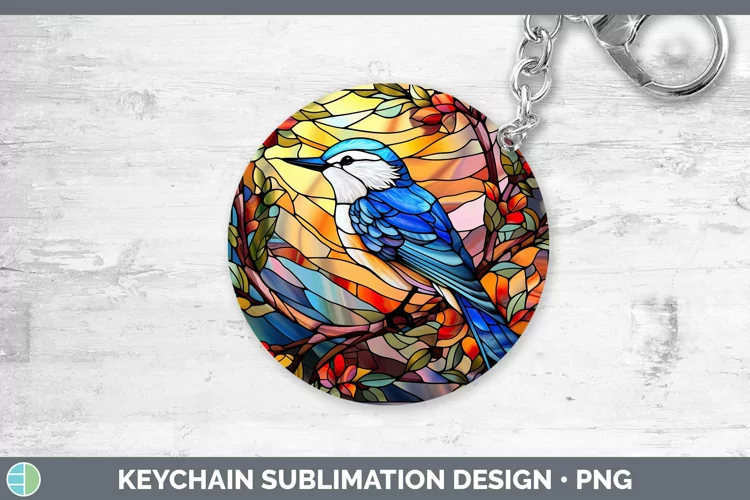 Stained Glass Bird Nuthatch Keychain Sublimation Keyring Des