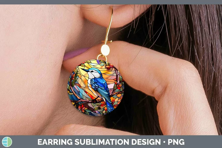 Stained Glass Bird Nuthatch Round Earrings Sublimation Earri