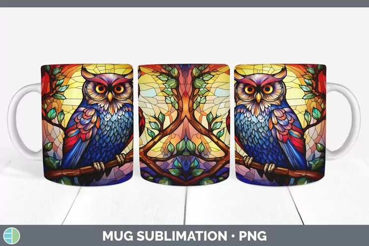 Stained Glass Bird Owl Mug Wrap Sublimation Coffee Cup Desig