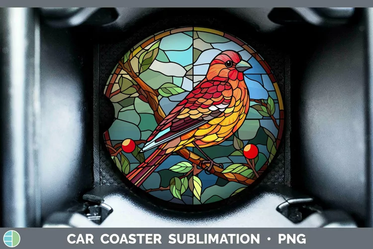 Stained Glass Bird Pine Grosbeak Car Coaster Sublimation Coa