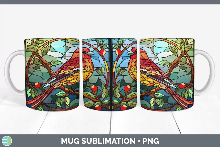 Stained Glass Bird Pine Grosbeak Mug Wrap Sublimation Coffee