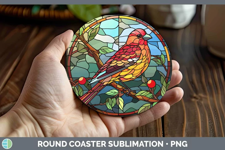 Stained Glass Bird Pine Grosbeak Round Coaster Sublimation C