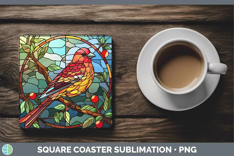 Stained Glass Bird Pine Grosbeak Square Coaster Sublimation