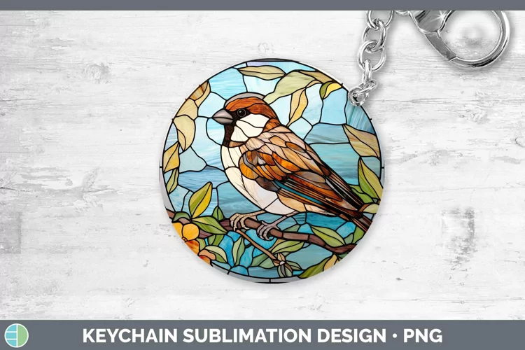 Stained Glass Bird Sparrow Keychain Sublimation Keyring Desi