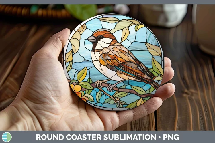 Stained Glass Bird Sparrow Round Coaster Sublimation Coaster