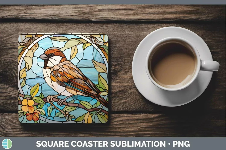 Stained Glass Bird Sparrow Square Coaster Sublimation Coaste