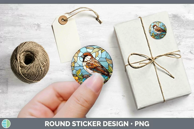 Stained Glass Bird Sparrow Stickers | Round Labels Designs