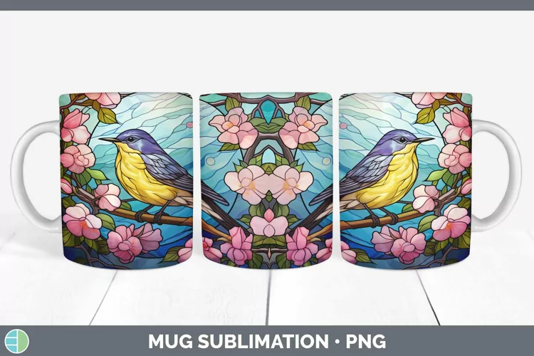 Stained Glass Bird Warbler Mug Wrap Sublimation Coffee Cup D