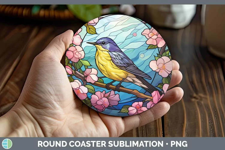 Stained Glass Bird Warbler Round Coaster Sublimation Coaster