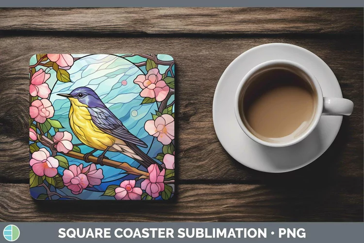 Stained Glass Bird Warbler Square Coaster Sublimation Coaste