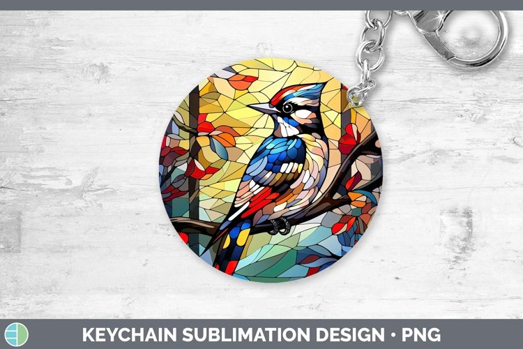 Stained Glass Bird Woodpecker Keychain Sublimation Keyring D