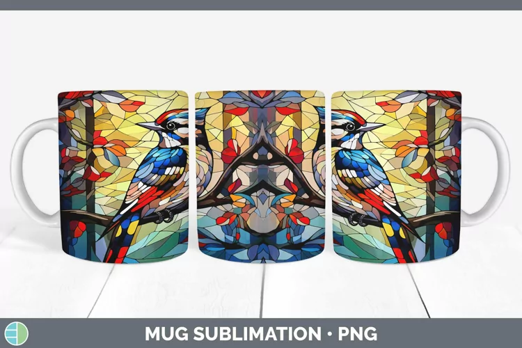 Stained Glass Bird Woodpecker Mug Wrap Sublimation Coffee Cu