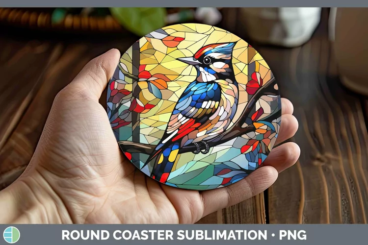 Stained Glass Bird Woodpecker Round Coaster Sublimation Coas