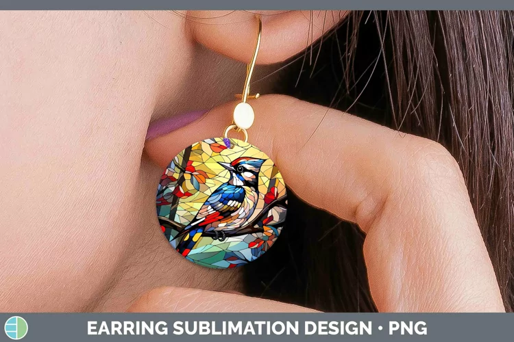 Stained Glass Bird Woodpecker Round Earrings Sublimation Ear