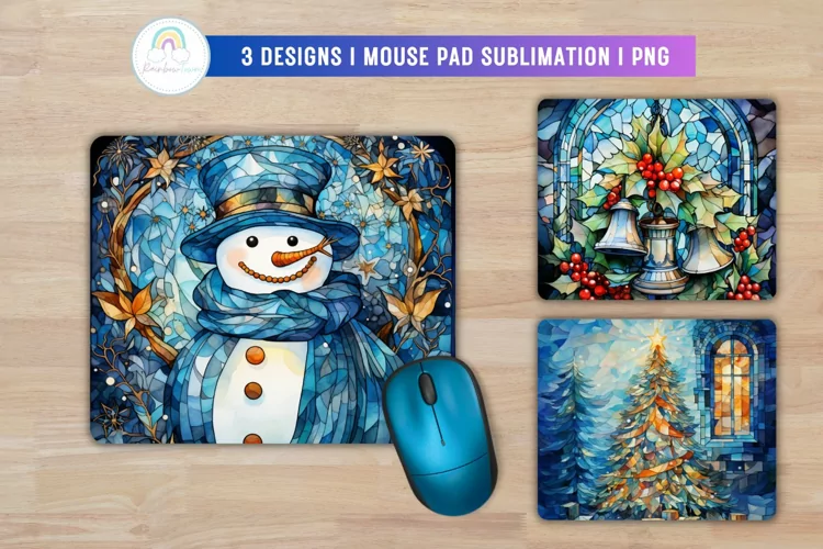 Stained Glass Blue Christmas Mouse Pad Sublimation Design