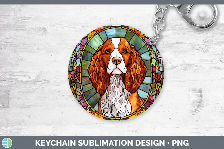 Stained Glass Brittany Dog Keychain Sublimation Keyring Desi