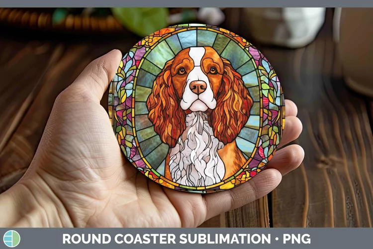 Stained Glass Brittany Dog Round Coaster Sublimation Coaster