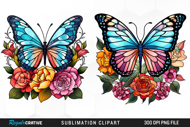 Stained Glass Butterfly And Flower Set Clipart