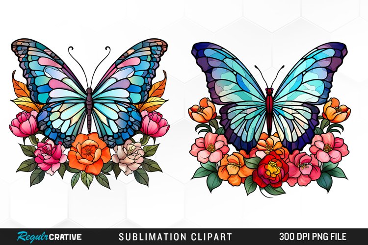 Stained Glass Butterfly And Flower Set Clipart