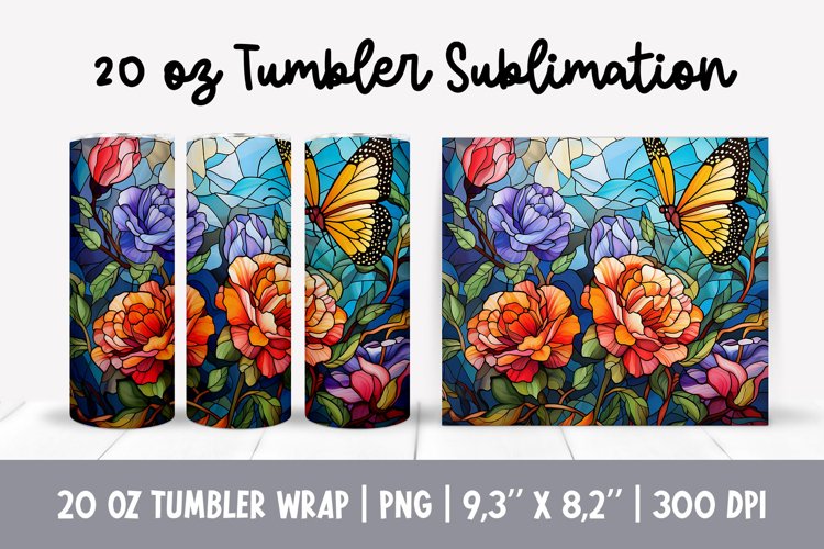 Stained Glass Flowers Sublimation | Butterfly Tumbler Wrap
