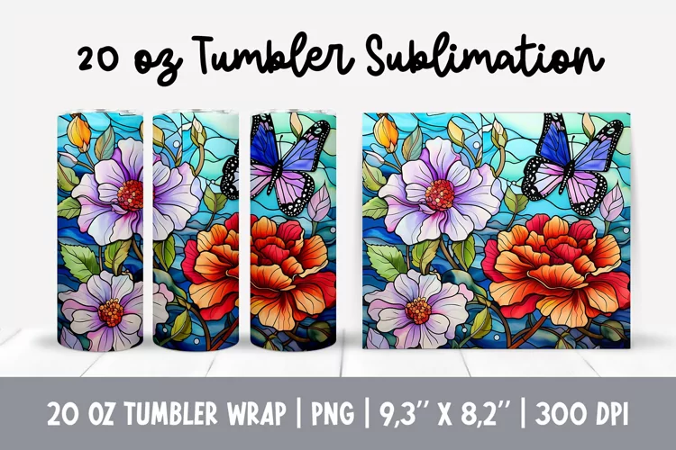 Stained Glass Flowers Sublimation | Butterfly Tumbler Wrap