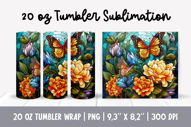 Stained Glass Flowers Sublimation | Butterfly Tumbler Wrap