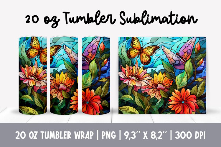 Stained Glass Flowers Sublimation | Butterfy Tumbler Wrap example image 1