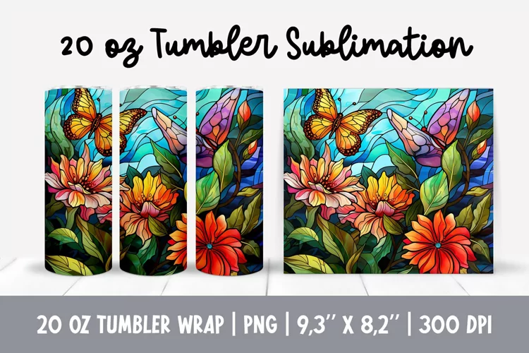 Stained Glass Flowers Sublimation | Butterfy Tumbler Wrap