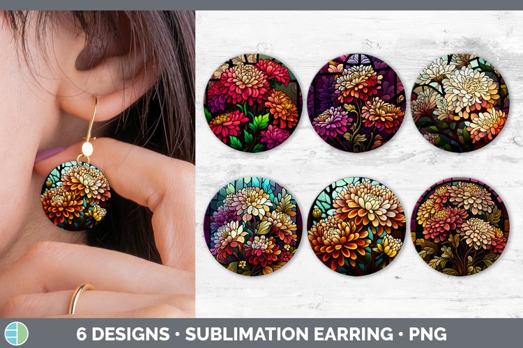 Stained Glass Chrysanthemum Flowers Round Earrings Sublima