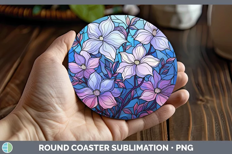 Stained Glass Clematis Round Coaster Sublimation Coaster Des