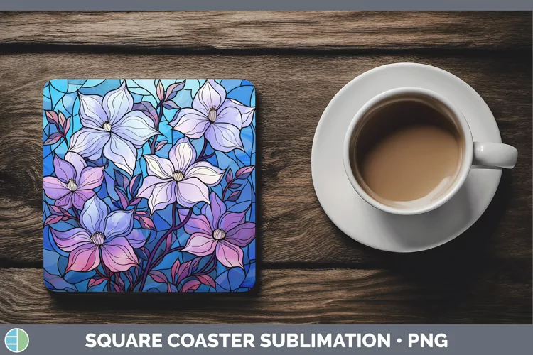 Stained Glass Clematis Square Coaster Sublimation Coaster De