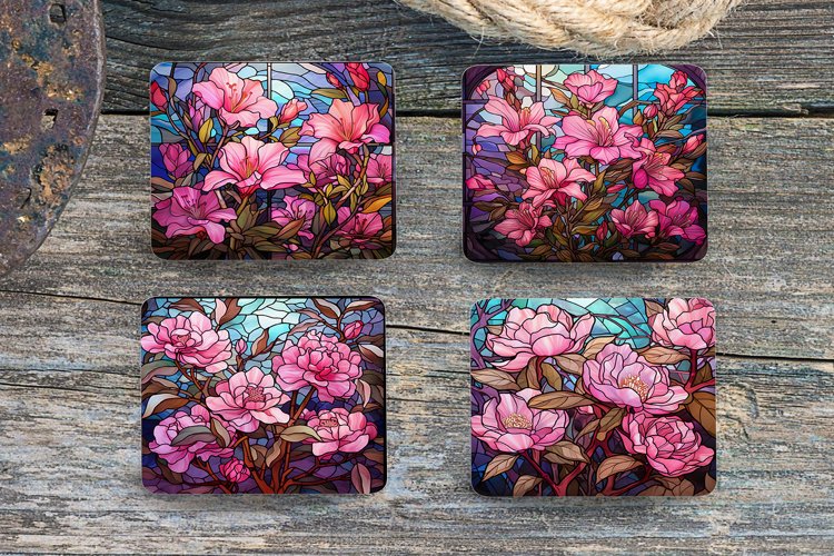 Stained Glass Flowers-4" Coaster Sublimation -PNG Design