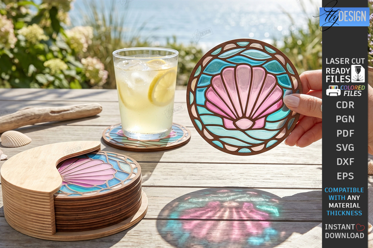 Stained Glass Coaster Laser Cut | Art Coaster | Shell SVG