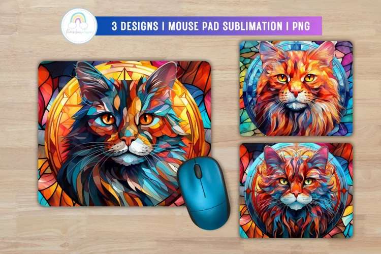 Stained Glass Colorful Cat Mouse Pad Sublimation
