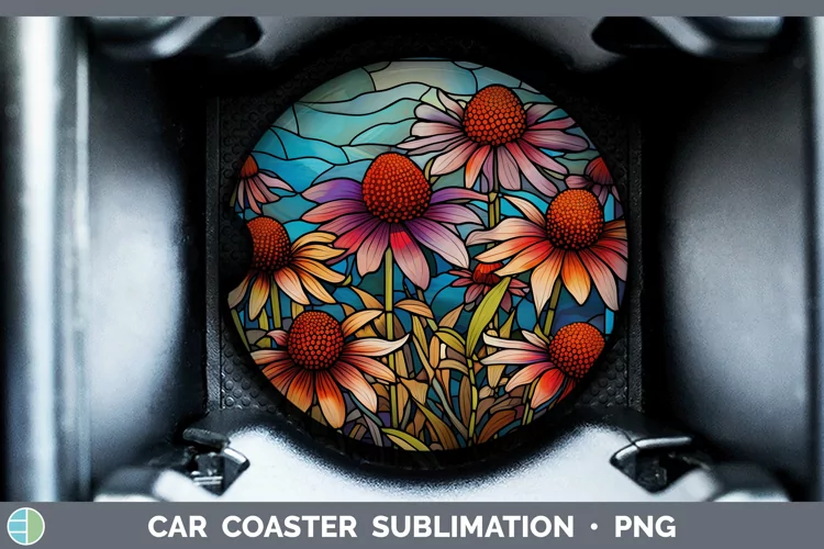Stained Glass Coneflower Car Coaster Sublimation Coaster Des