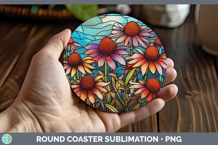 Stained Glass Coneflower Round Coaster Sublimation Coaster D
