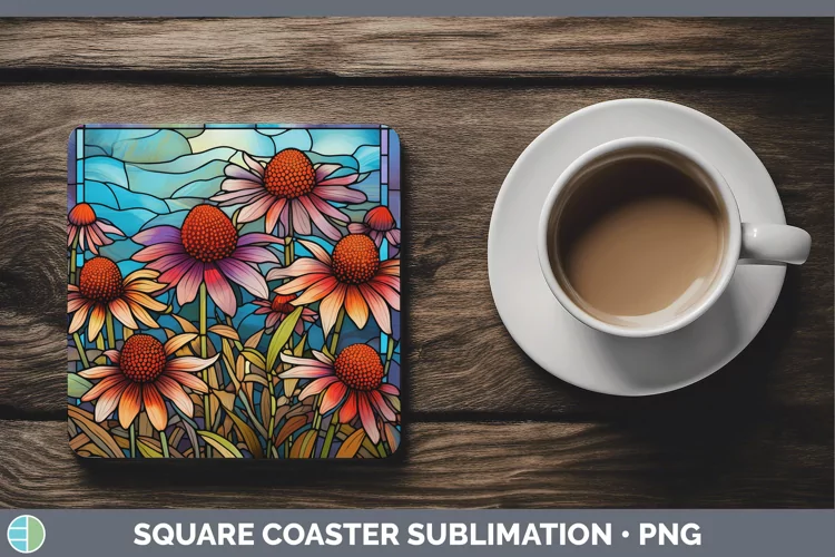 Stained Glass Coneflower Square Coaster Sublimation Coaster