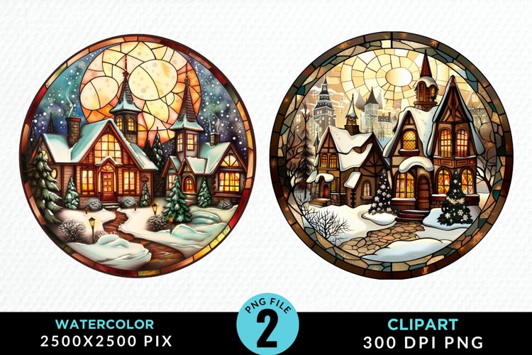 Stained Glass Cozy Winter Houses Artwork Clipart