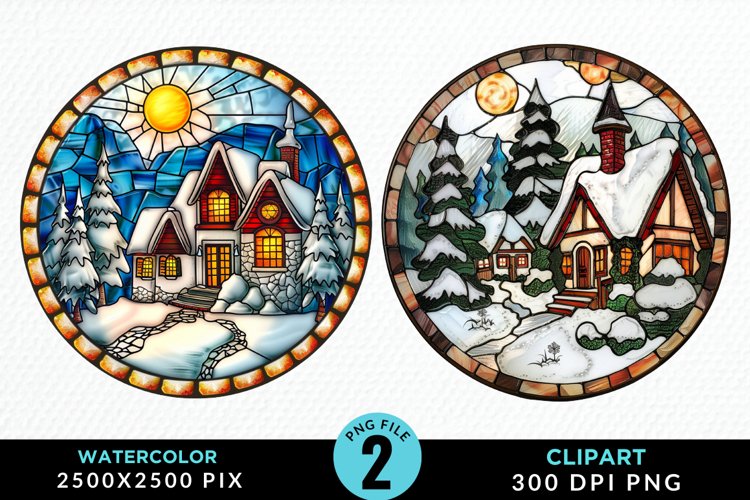 Stained Glass Cozy Winter Houses Exquisite Clipart