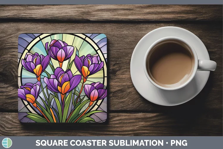 Stained Glass Crocus Square Coaster Sublimation Coaster Desi
