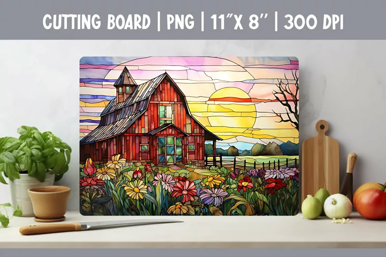 Stained Glass FarmhouseKitchen Cutting Board Sublimation